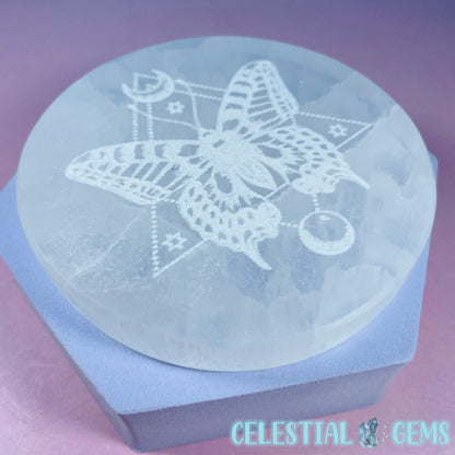 Selenite (Satin Spar) Etched Butterfly Round Cleansing Plate 10cm