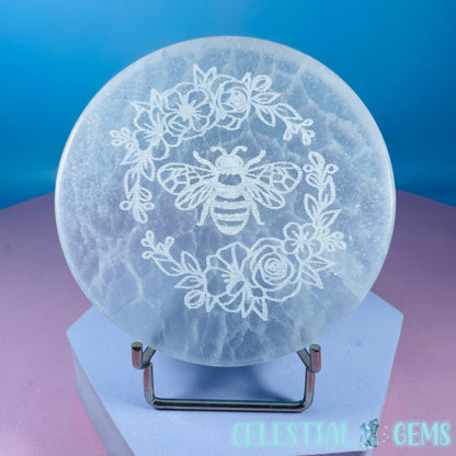 Selenite (Satin Spar) Etched Flower Bee Round Cleansing Plate 10cm