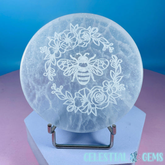 Selenite (Satin Spar) Etched Flower Bee Round Cleansing Plate 10cm