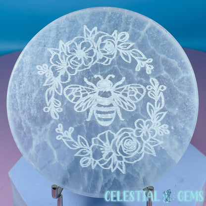 Selenite (Satin Spar) Etched Flower Bee Round Cleansing Plate 10cm