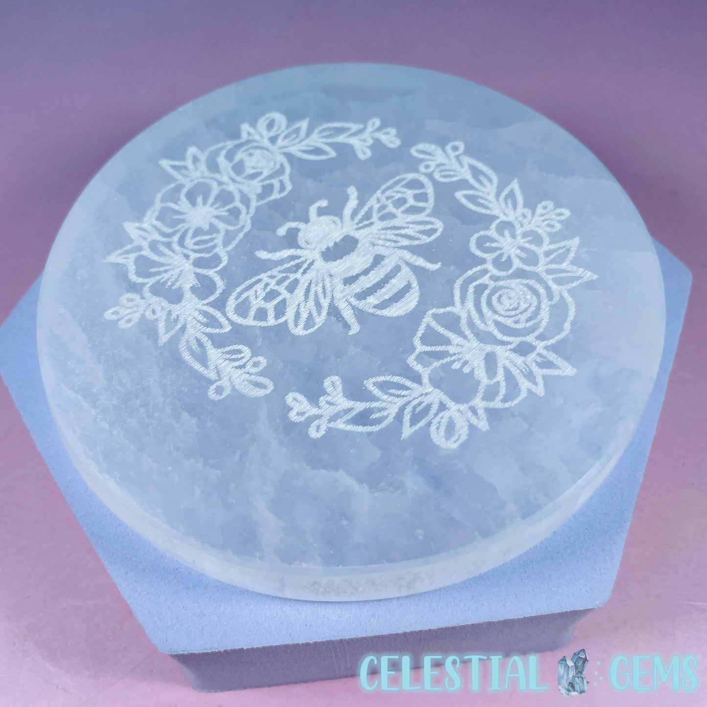 Selenite (Satin Spar) Etched Flower Bee Round Cleansing Plate 10cm