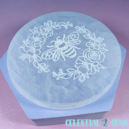 Selenite (Satin Spar) Etched Flower Bee Round Cleansing Plate 10cm