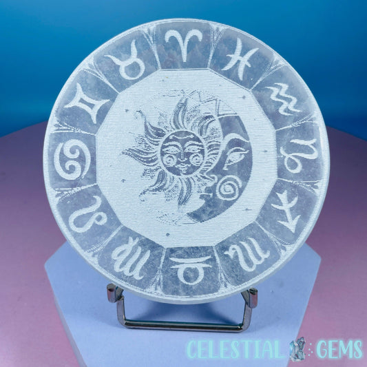 Selenite (Satin Spar) Etched Zodiac Sun Moon Round Cleansing Plate 10cm