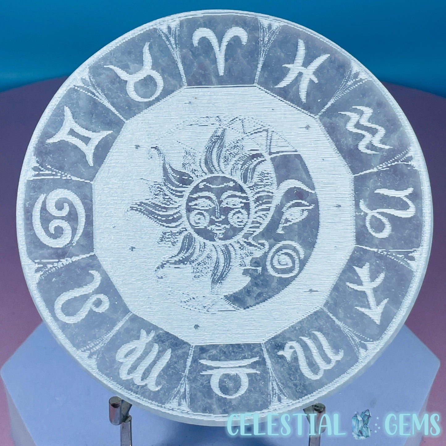 Selenite (Satin Spar) Etched Zodiac Sun Moon Round Cleansing Plate 10cm