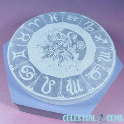 Selenite (Satin Spar) Etched Zodiac Sun Moon Round Cleansing Plate 10cm