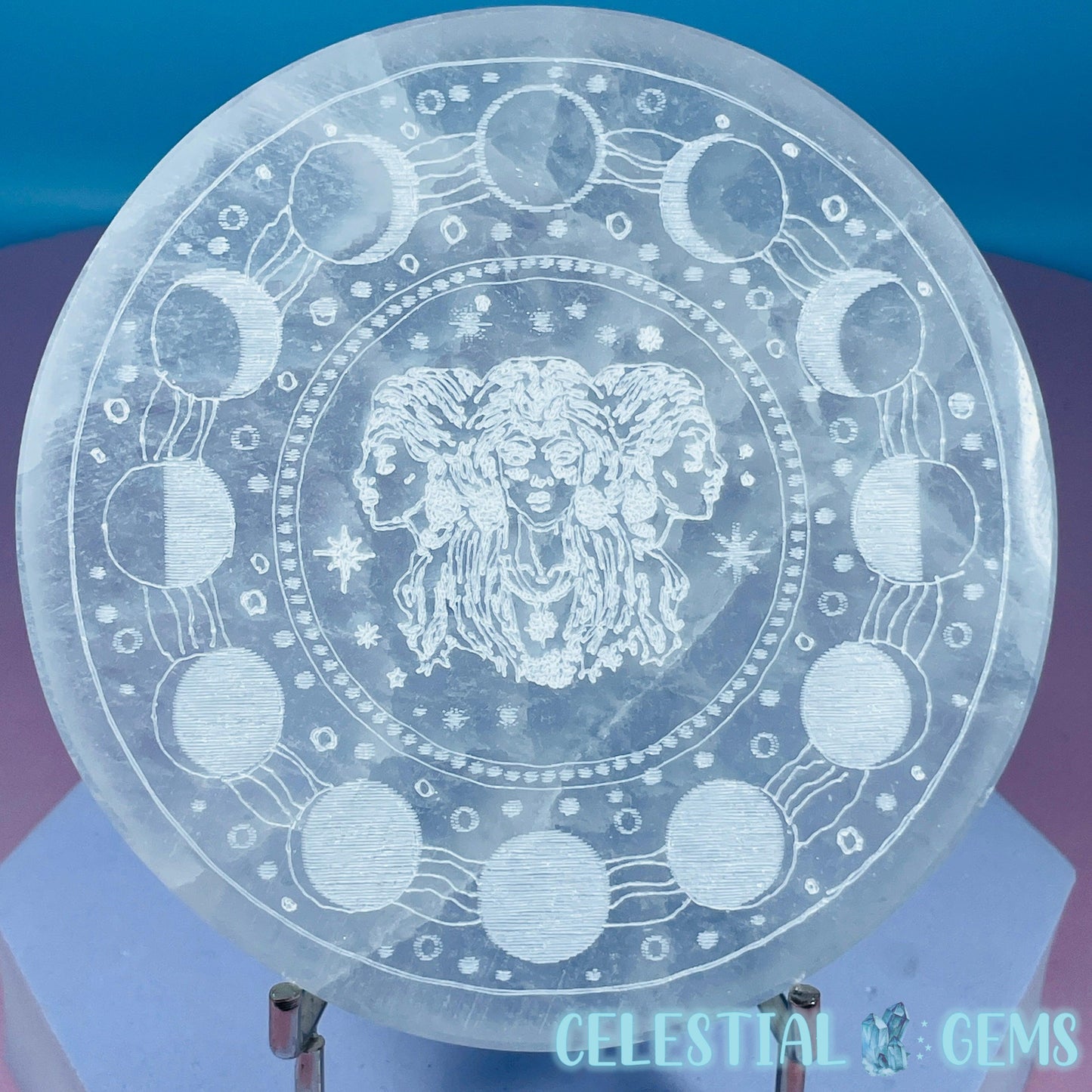 Selenite (Satin Spar) Etched 'Hecate' Moon Goddess Round Cleansing Plate 10cm