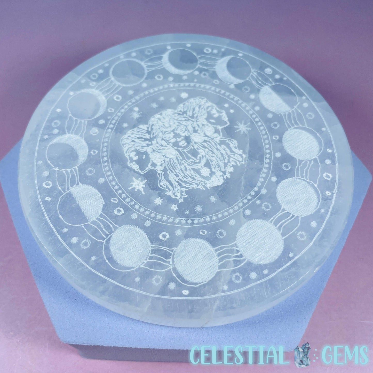 Selenite (Satin Spar) Etched 'Hecate' Moon Goddess Round Cleansing Plate 10cm