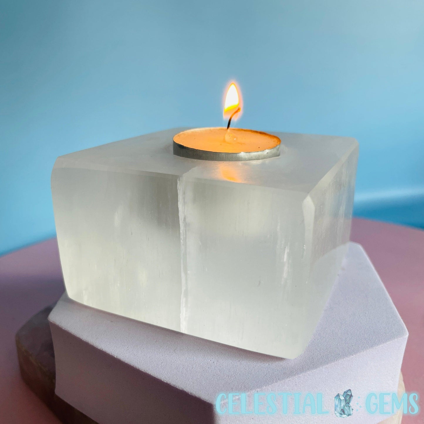 Selenite (Satin Spar) Square Tealight Candle Holder 8.5cm