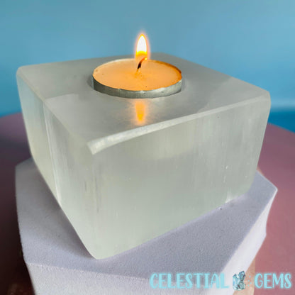 Selenite (Satin Spar) Square Tealight Candle Holder 8.5cm