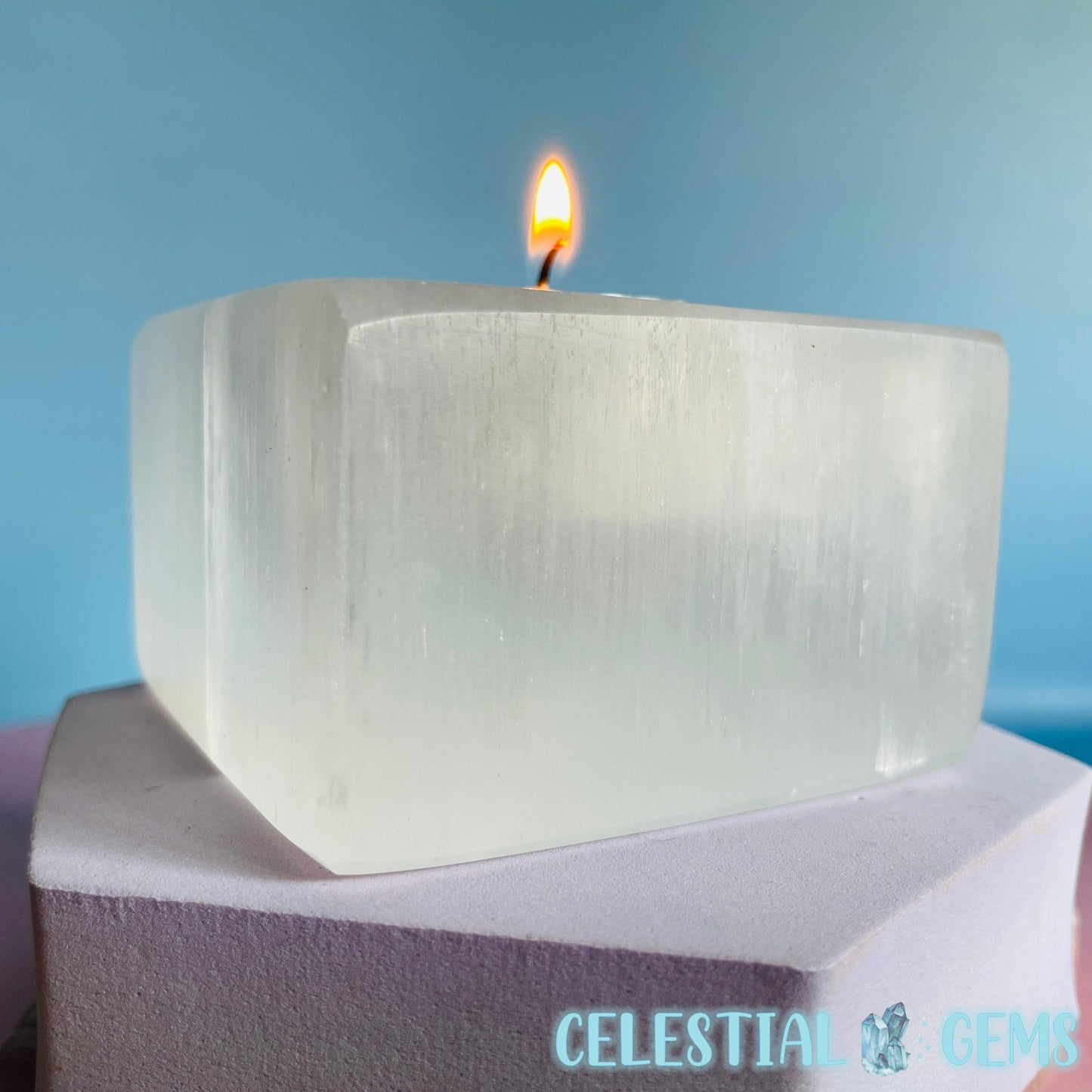 Selenite (Satin Spar) Square Tealight Candle Holder 8.5cm