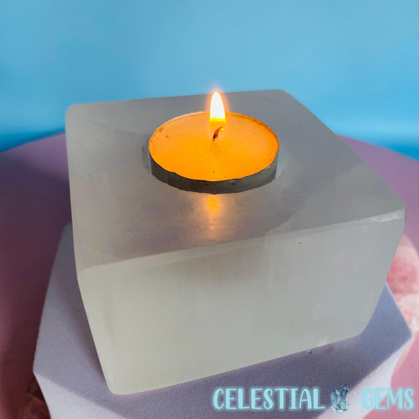 Selenite (Satin Spar) Square Tealight Candle Holder 8.5cm