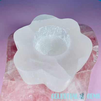 Selenite (Satin Spar) Daisy Flower Tealight Candle Holder 8.5cm