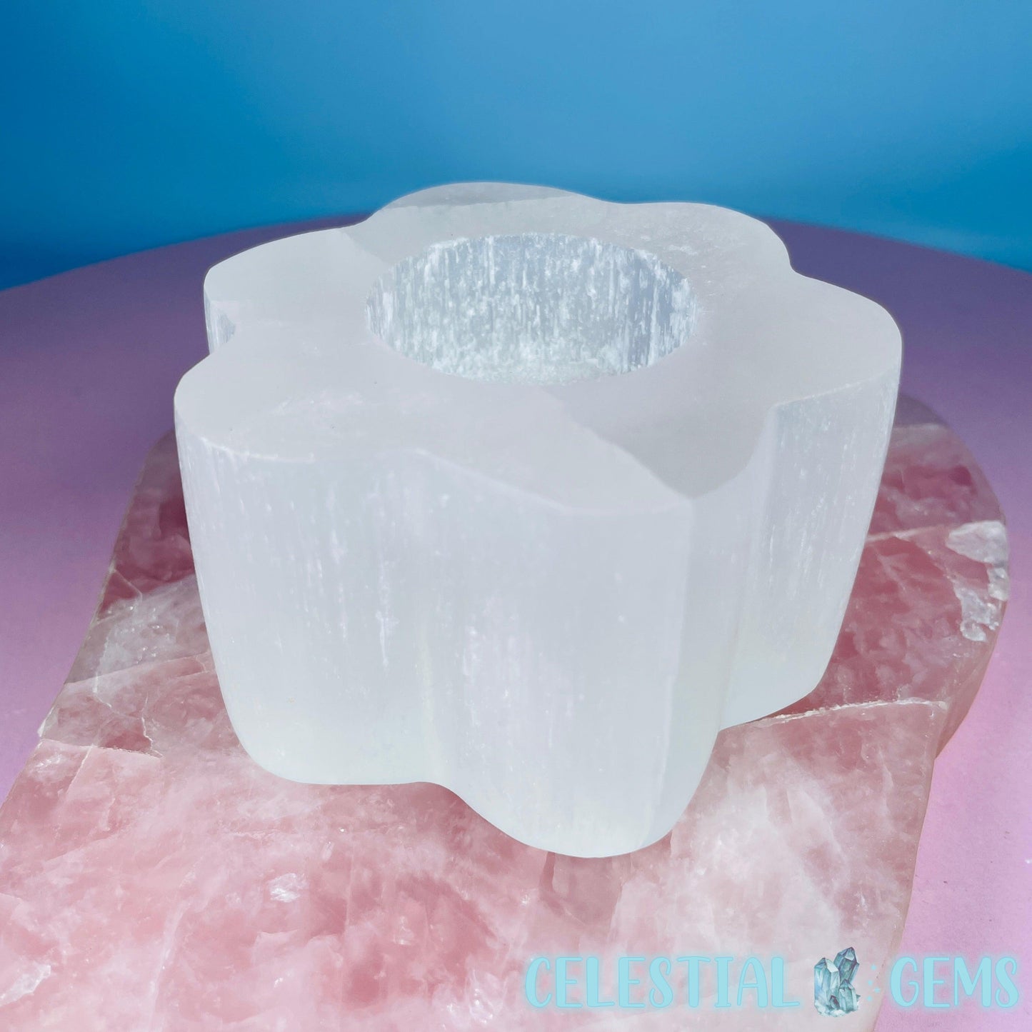 Selenite (Satin Spar) Daisy Flower Tealight Candle Holder 8.5cm