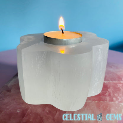 Selenite (Satin Spar) Daisy Flower Tealight Candle Holder 8.5cm