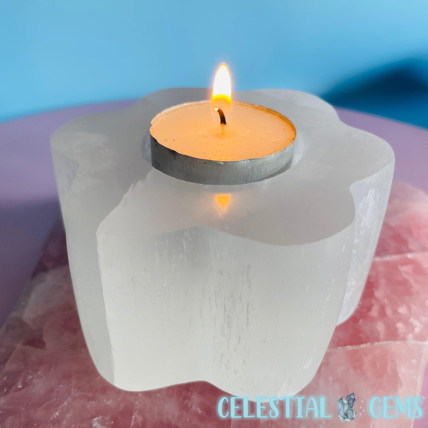 Selenite (Satin Spar) Daisy Flower Tealight Candle Holder 8.5cm