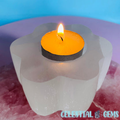 Selenite (Satin Spar) Daisy Flower Tealight Candle Holder 8.5cm