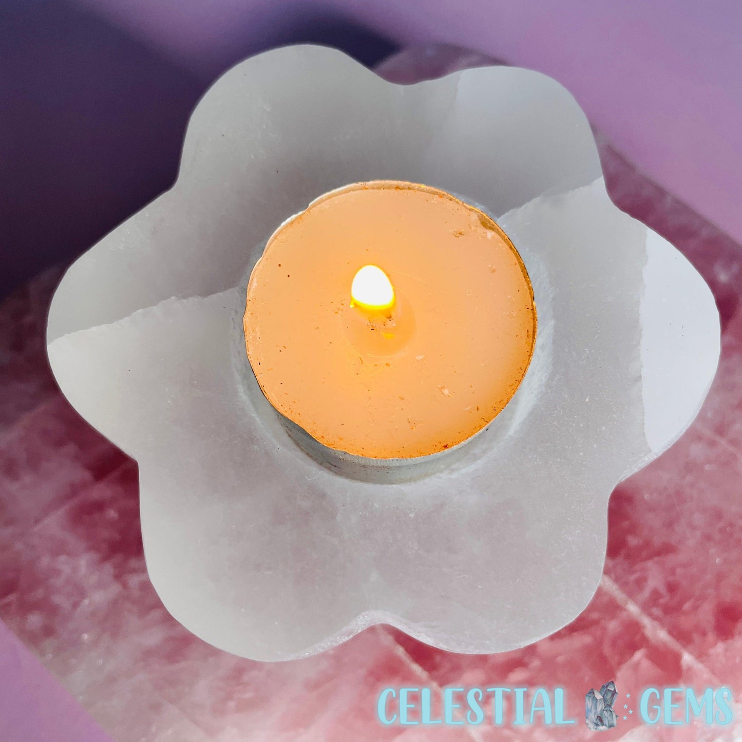 Selenite (Satin Spar) Daisy Flower Tealight Candle Holder 8.5cm