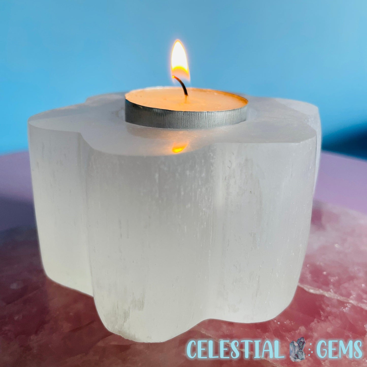 Selenite (Satin Spar) Daisy Flower Tealight Candle Holder 8.5cm