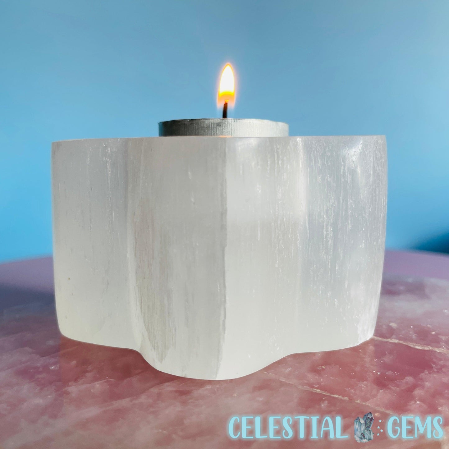 Selenite (Satin Spar) Daisy Flower Tealight Candle Holder 8.5cm