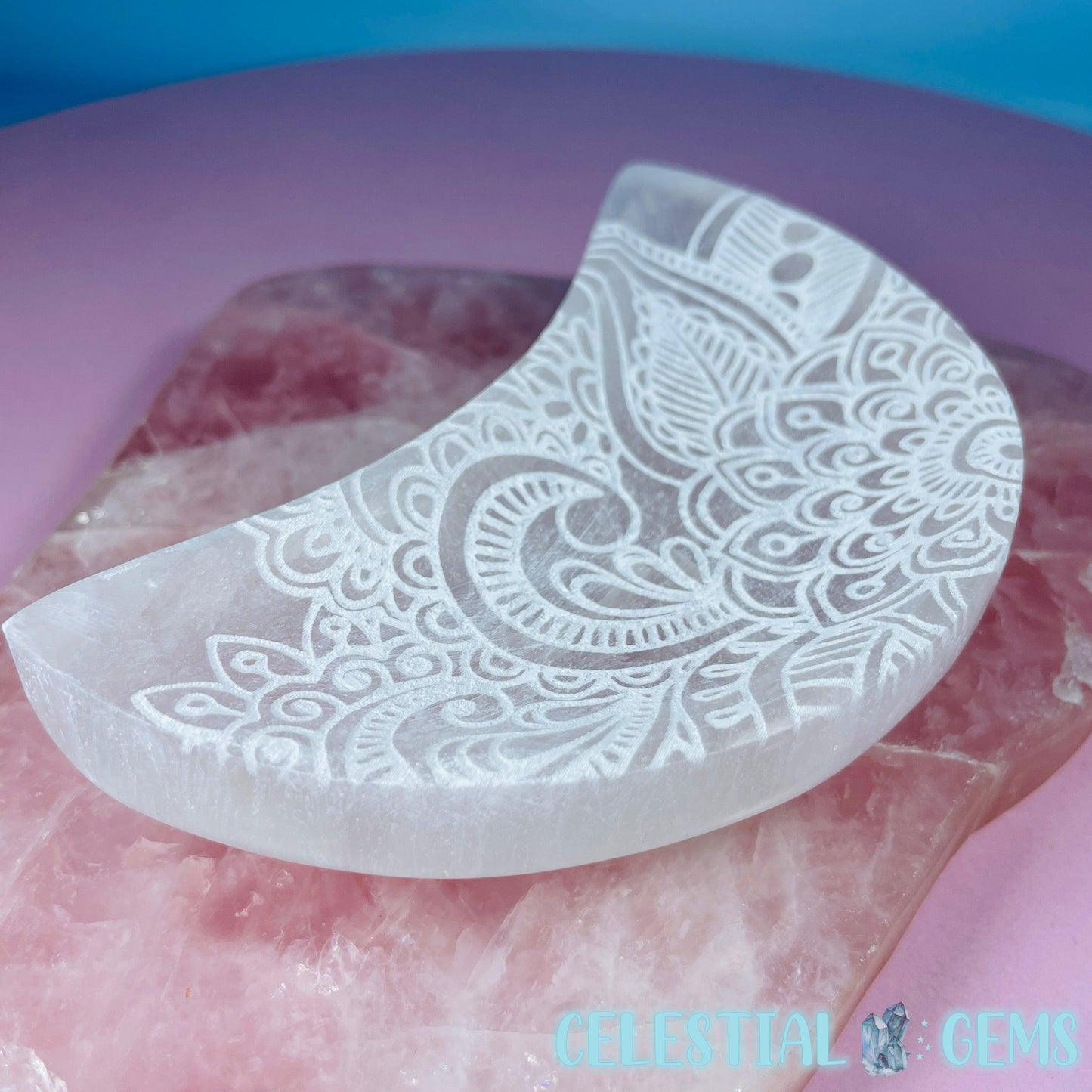 Selenite (Satin Spar) Mandala Etched Crescent Moon Bowl 12.5cm