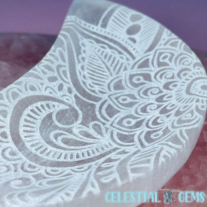 Selenite (Satin Spar) Mandala Etched Crescent Moon Bowl 12.5cm