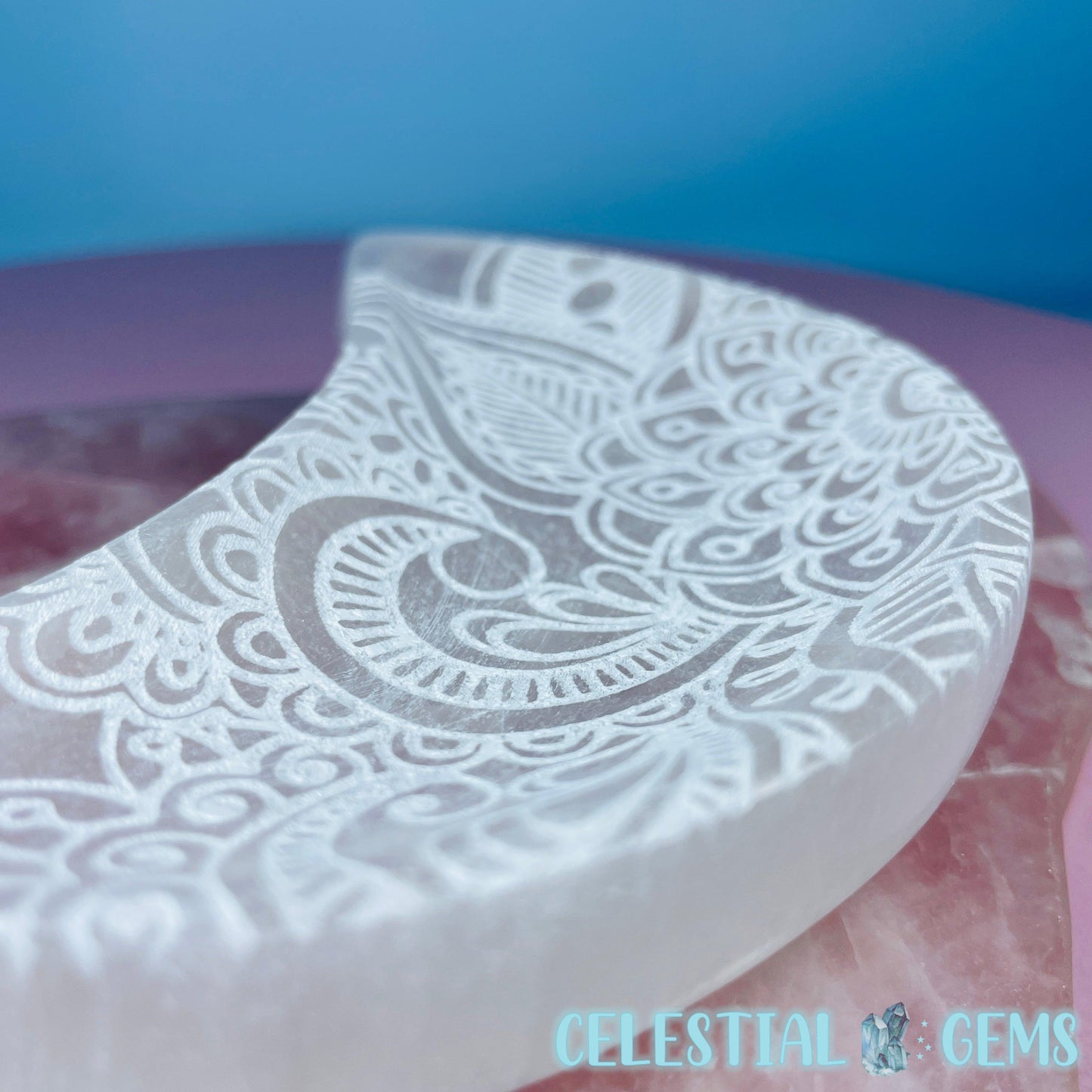 Selenite (Satin Spar) Mandala Etched Crescent Moon Bowl 12.5cm