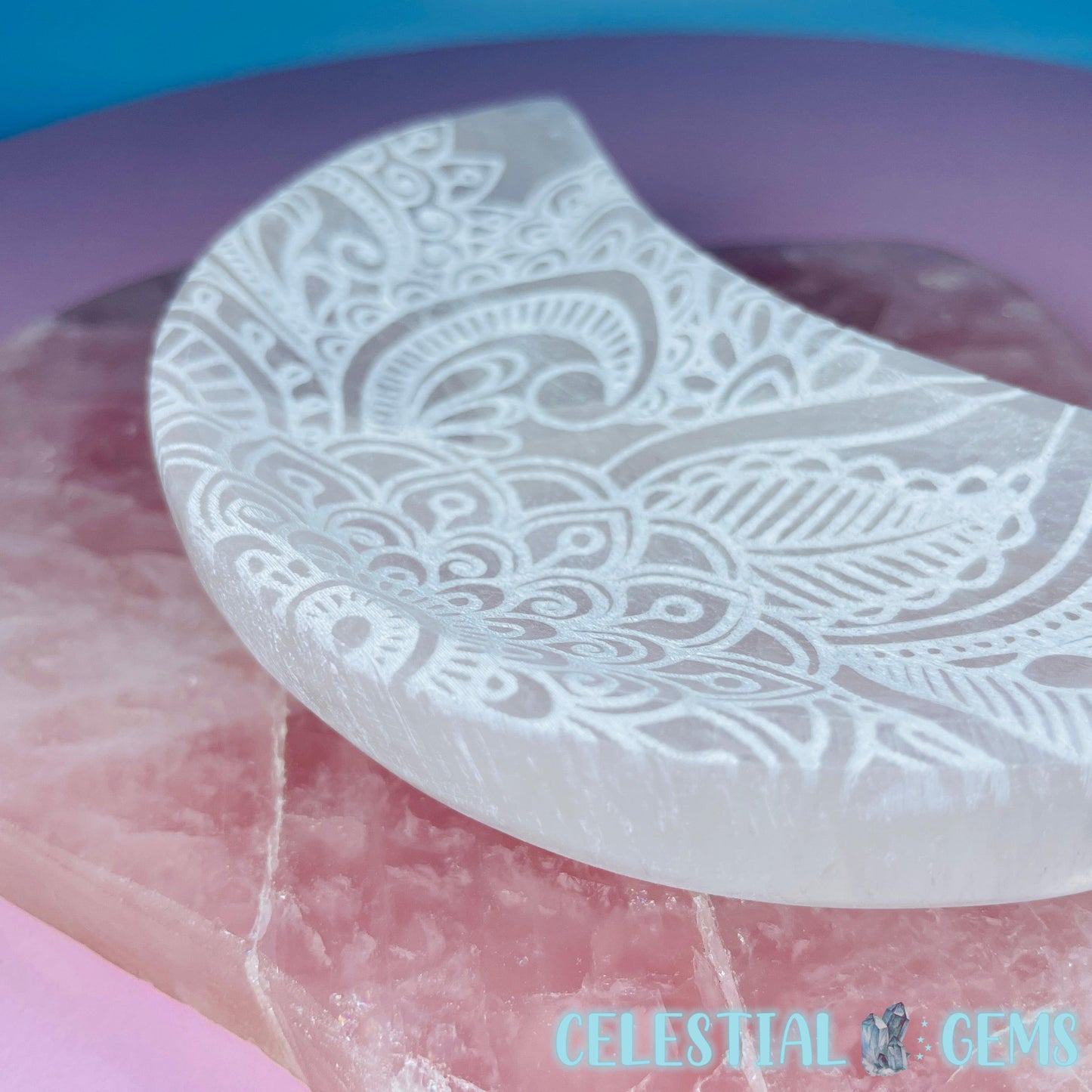 Selenite (Satin Spar) Mandala Etched Crescent Moon Bowl 12.5cm