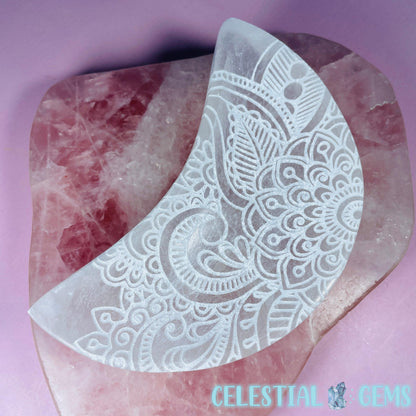 Selenite (Satin Spar) Mandala Etched Crescent Moon Bowl 12.5cm