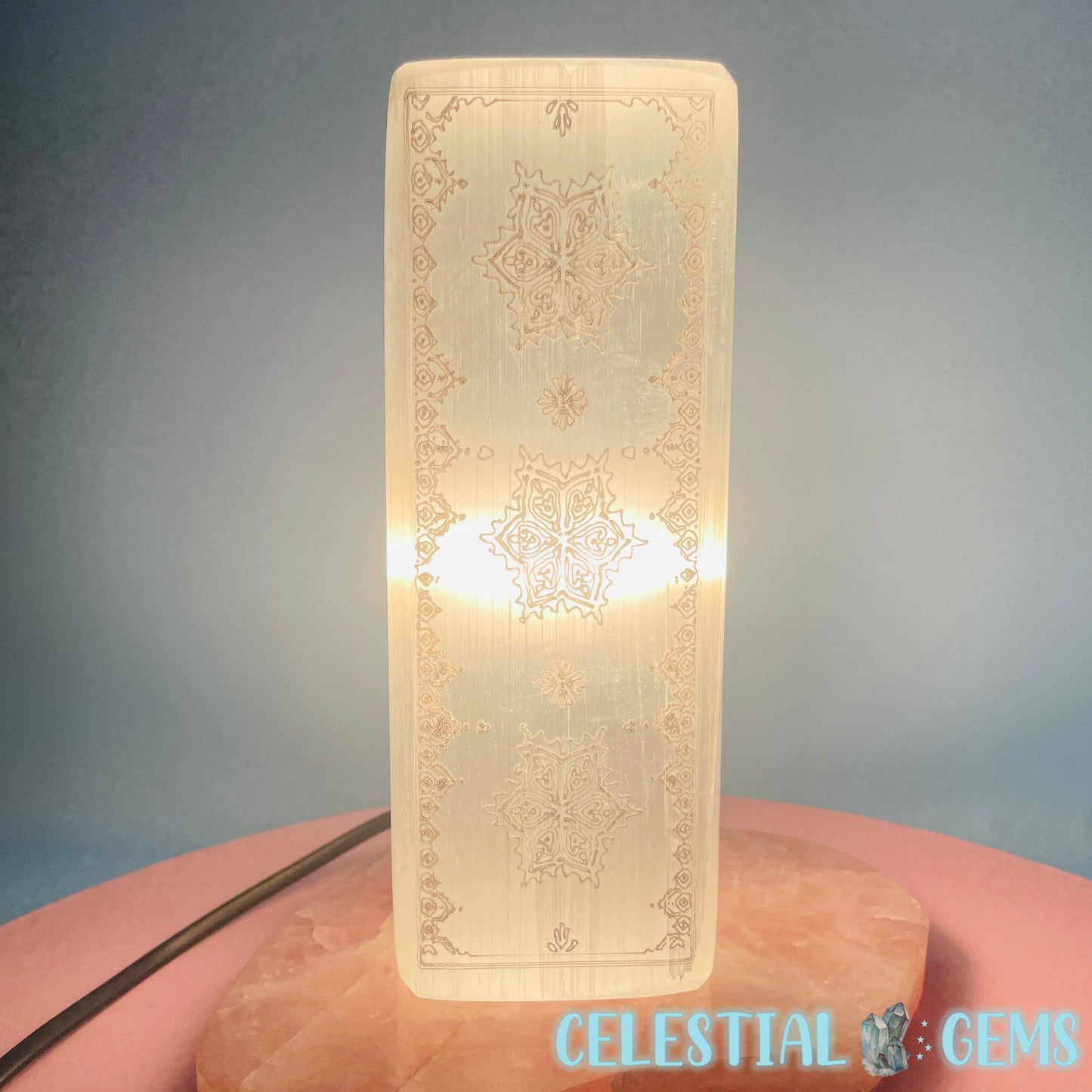 Selenite (Satin Spar) Mandala Etched Rectangle Lamp 20cm