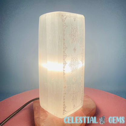 Selenite (Satin Spar) Mandala Etched Rectangle Lamp 20cm