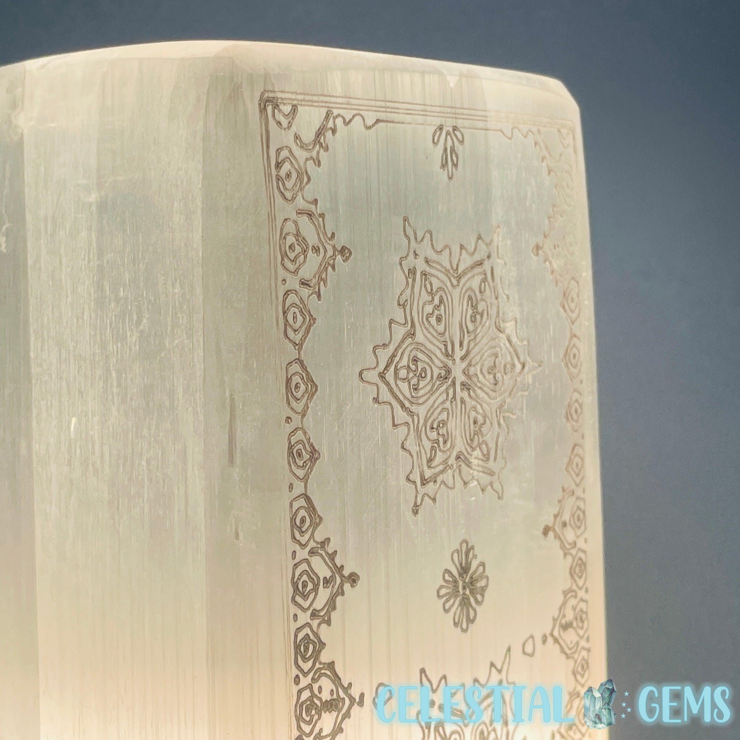 Selenite (Satin Spar) Mandala Etched Rectangle Lamp 20cm