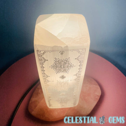 Selenite (Satin Spar) Mandala Etched Rectangle Lamp 20cm