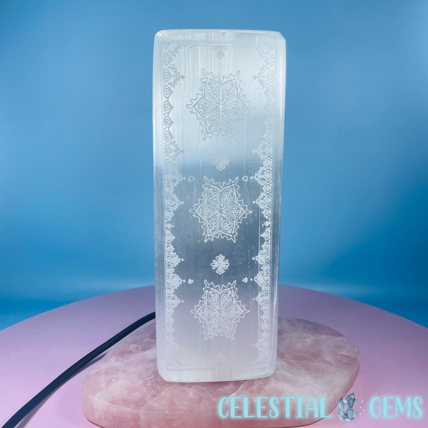 Selenite (Satin Spar) Mandala Etched Rectangle Lamp 20cm