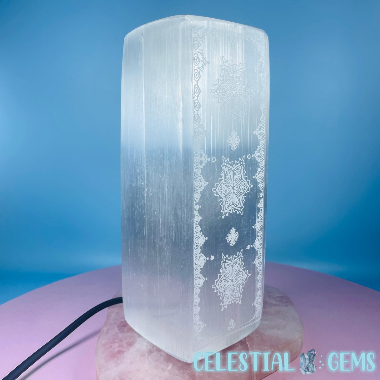 Selenite (Satin Spar) Mandala Etched Rectangle Lamp 20cm