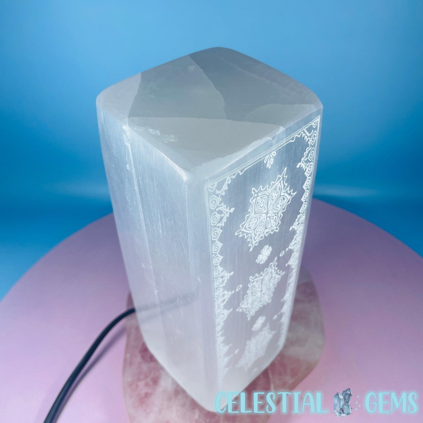 Selenite (Satin Spar) Mandala Etched Rectangle Lamp 20cm