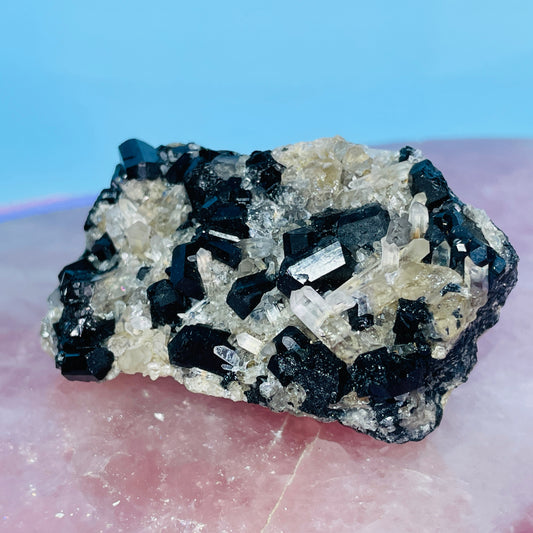 Namibian Black Tourmaline + Quartz Small Cluster Specimen