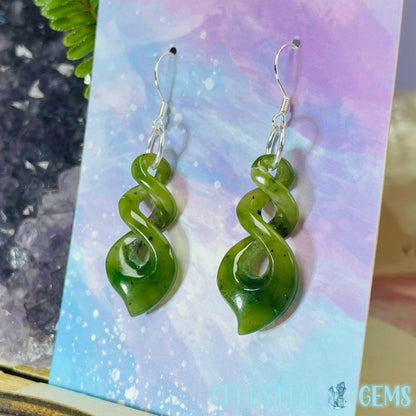 Canadian Jade (Nephrite) Pikorua (Large Triple Twist) 925 Silver Earrings