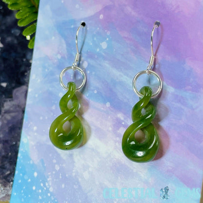 Canadian Jade (Nephrite) Pikorua (Small Triple Twist) 925 Silver Earrings