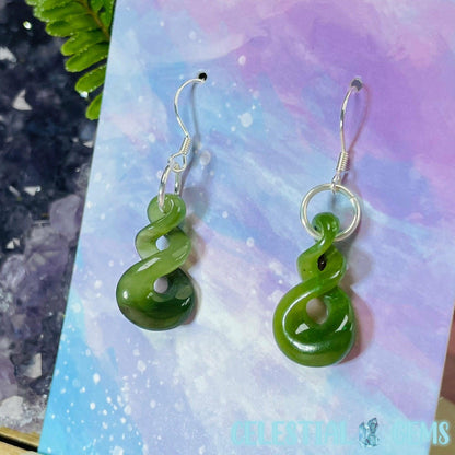 Canadian Jade (Nephrite) Pikorua (Small Triple Twist) 925 Silver Earrings