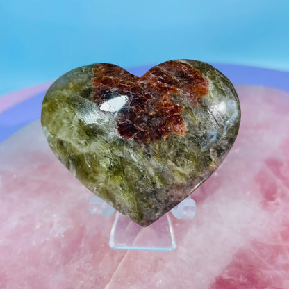 Garnet, Green Tourmaline + Mica Heart Medium Carving (Video)