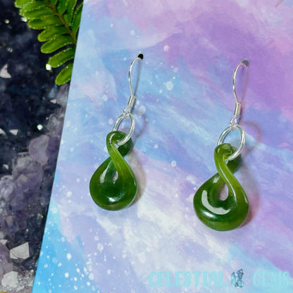 Canadian Jade (Nephrite) Pikorua (Single Twist) 925 Silver Earrings