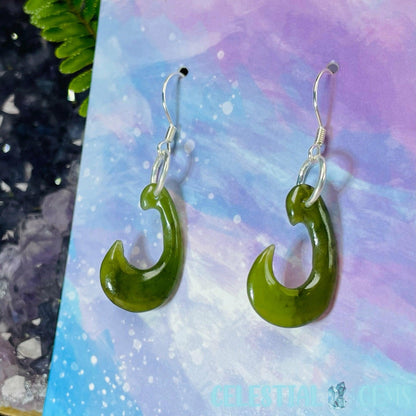 Canadian Jade (Nephrite) Hei Matau (Hook) 925 Silver Earrings