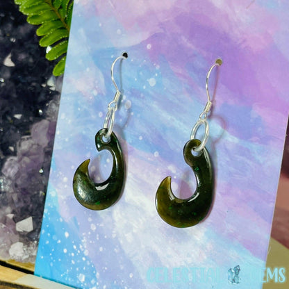 Canadian Jade (Nephrite) Hei Matau (Hook) 925 Silver Earrings