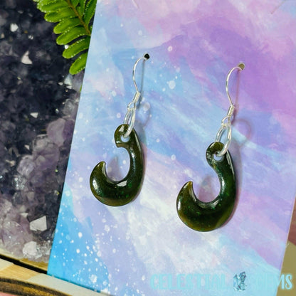 Canadian Jade (Nephrite) Hei Matau (Hook) 925 Silver Earrings