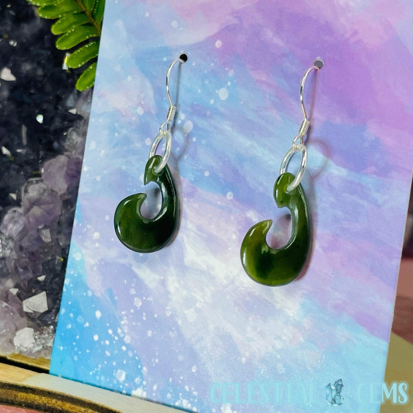 Canadian Jade (Nephrite) Hei Matau (Hook) 925 Silver Earrings