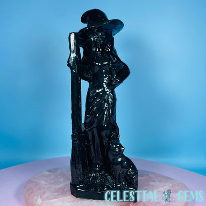 Obsidian Witch with Broomstick + Black Cat Large Carving