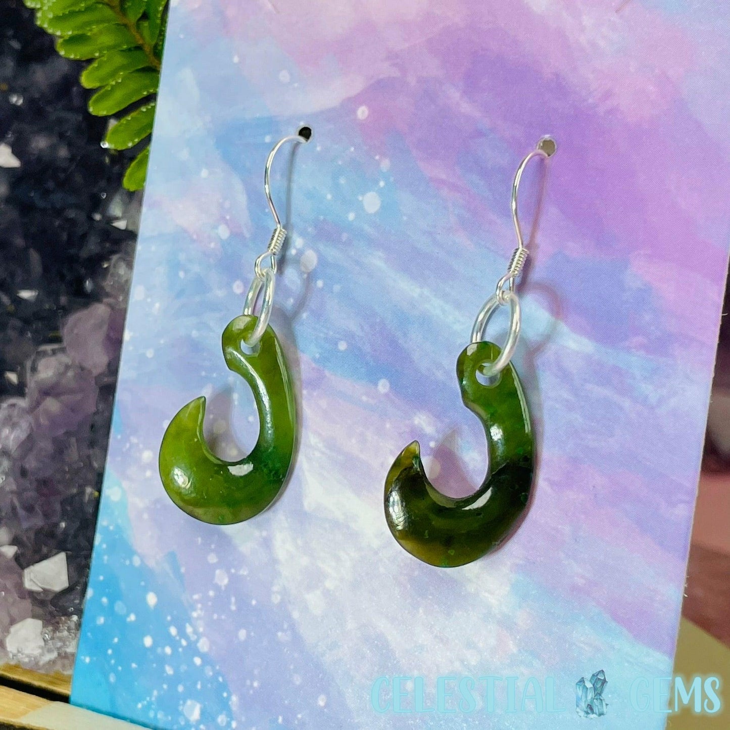 Canadian Jade (Nephrite) Hei Matau (Hook) 925 Silver Earrings