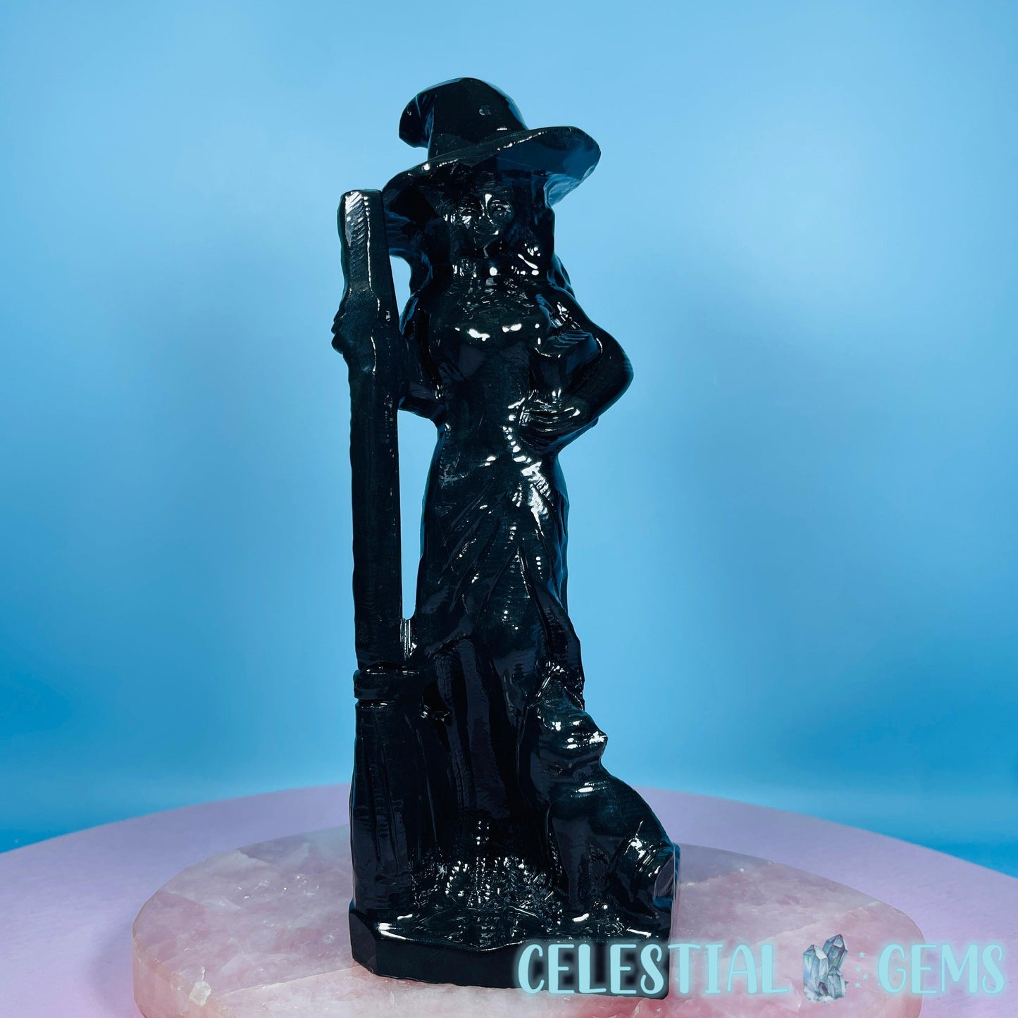 Obsidian Witch with Broomstick + Black Cat Large Carving