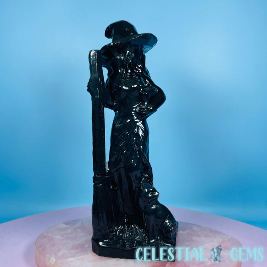 Obsidian Witch with Broomstick + Black Cat Large Carving