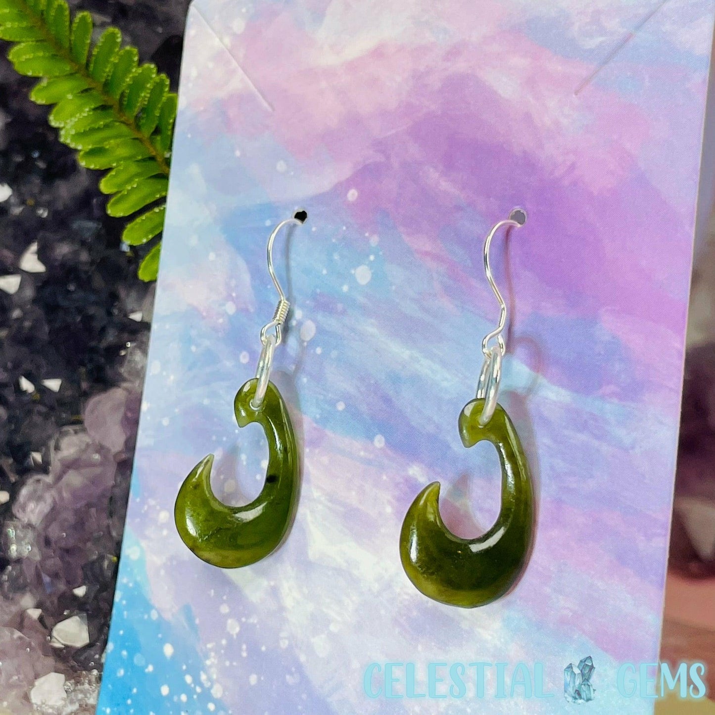 Canadian Jade (Nephrite) Hei Matau (Hook) 925 Silver Earrings